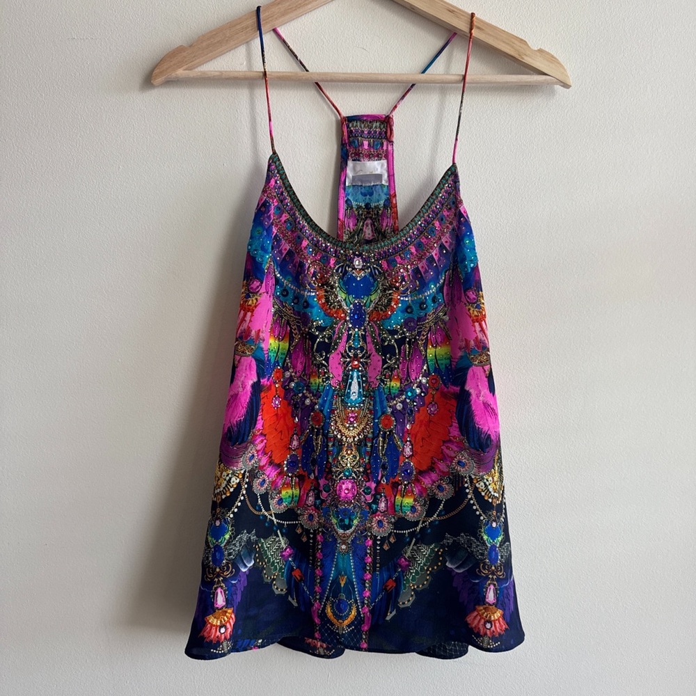 Vibrant multi-coloured Camilla silk blouse with beaded details